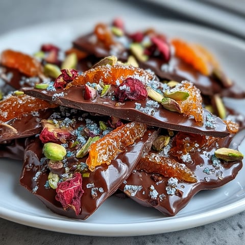 Decadent dark chocolate bark with vibrant candied orange peel, garnished with pistachios and sea salt for a sweet and tangy treat.
