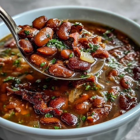 A steaming bowl of 15-bean soup with smoky ham bone, loaded with tender beans, savory vegetables, and rich, comforting broth.