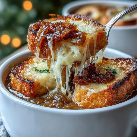 A steaming bowl of rich caramelized French onion soup topped with golden sourdough Gruyere crostini and melted cheese.
