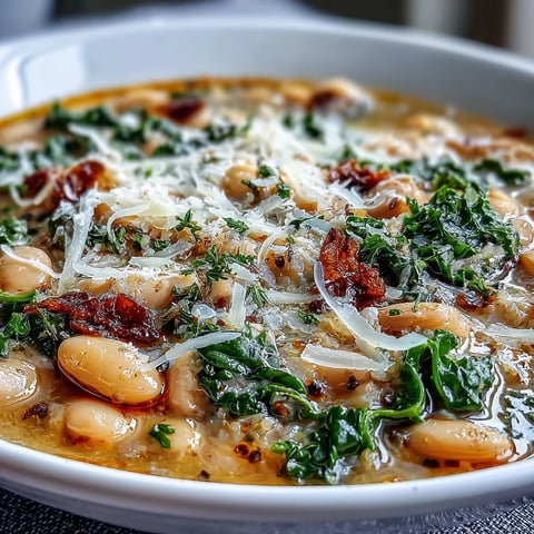 Hearty Tuscan white bean soup with kale and Parmesan, perfect for a cozy winter dinner.  