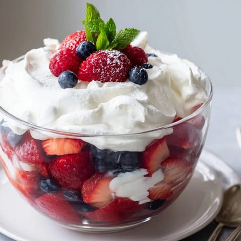 Homemade berry parfait, featuring ripe juicy berries and light, fluffy whipped cream, ready to serve.