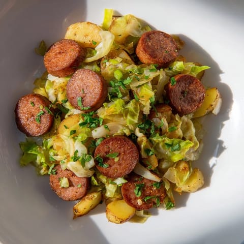 Smoky kielbasa and tender cabbage combine in this rustic skillet meal ready to serve!