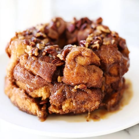 Warm, gooey Cinnamon Roll Monkey Bread, a pull-apart dessert with glistening caramel topping.