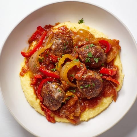 A flavorful close-up of Herb-Cozy Skillet Sausage and Peppers, with vibrant peppers over creamy polenta.