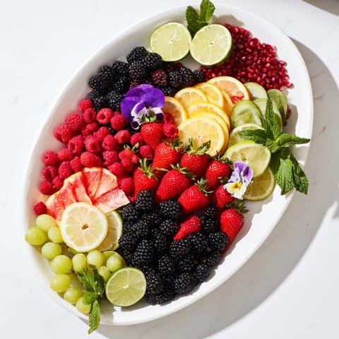 A stunning Bubbly Bar Garnish Platter overflowing with colorful fruits and fresh herbs, ready to impress.