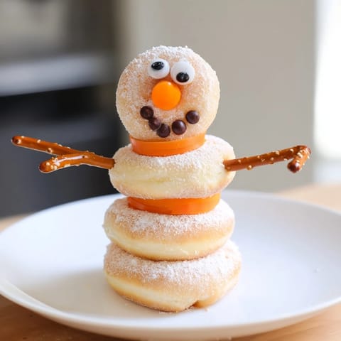 Easy mini donut snowman recipe, perfectly stacked with pretzel arms, ready for a kid-friendly holiday treat.