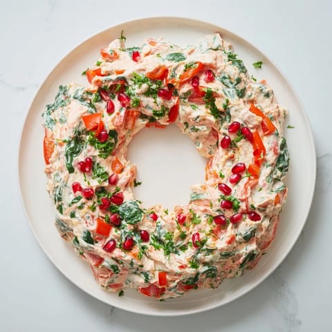 Creamy red pepper and spinach dip wreath, a beautiful vegetarian appetizer spread on a round platter.