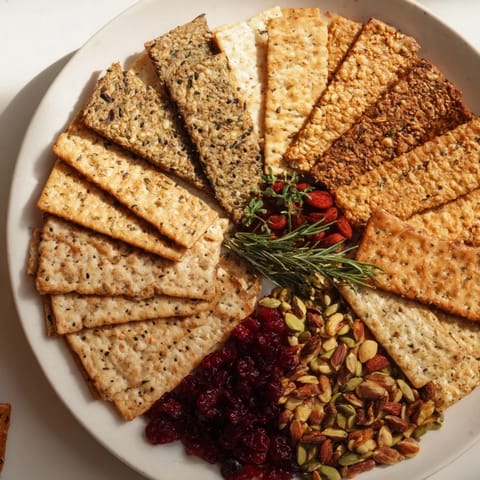 A holiday cracker assortment, beautifully arranged on a platter, ready for your cheese board.