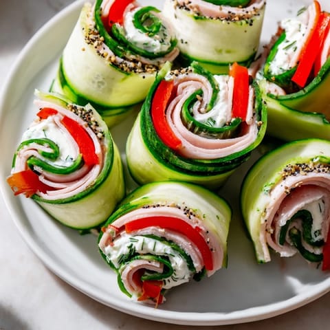 Fresh, vibrant cucumber roll-ups look delicious with thinly sliced cucumber wrapping tasty fillings.