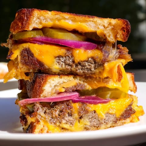 Crispy, golden-brown Smashed Burger Grilled Cheese, ready to be sliced and devoured.