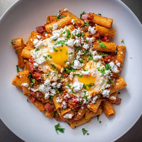 Hearty Quick Shakshuka Pasta dish, showcasing penne pasta coated in a spicy tomato sauce.