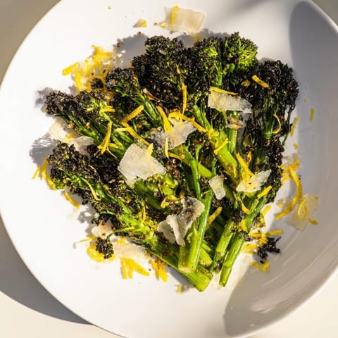 Freshly made Charred Broccolini Salad, showcasing tender air-fried broccolini and vibrant flavor.