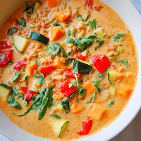 Fragrant Lentil Red Curry Soup: a warm, creamy vegan delight perfect for a chilly evening.