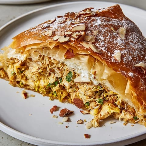 The flaky phyllo pastry wraps a spiced chicken filling in this comforting Moroccan Pastilla Pie.