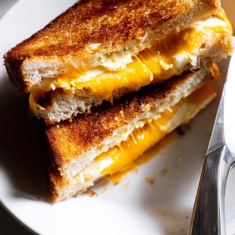 A close-up view of the gooey, melted cheese oozing from the Triple Cheese Sourdough Grilled Cheese, served hot on a wooden cutting board.  