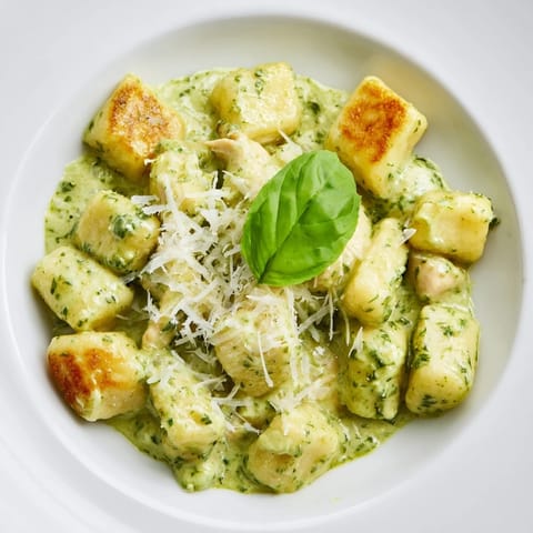 Close-up of creamy pesto gnocchi with chicken and Parmesan garnish, twirled on a fork dripping with rich green sauce.