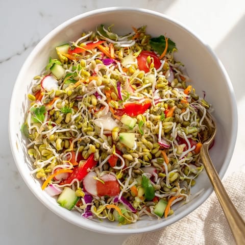 Fresh Sprouted Seed Salad featuring crunchy mung bean sprouts, alfalfa sprouts, and vibrant vegetables tossed in a zesty vinaigrette.  