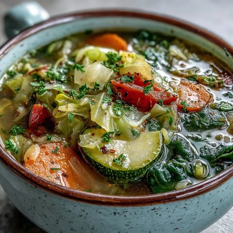 Serving of hearty Cabbage Soup in a rustic white bowl, topped with chopped parsley and a lemon wedge for a bright, zesty finish.