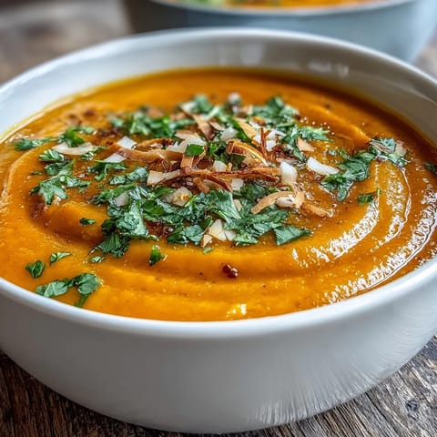 A bowl of Carrot and Coconut Soup with a swirl of coconut milk and lime wedge.