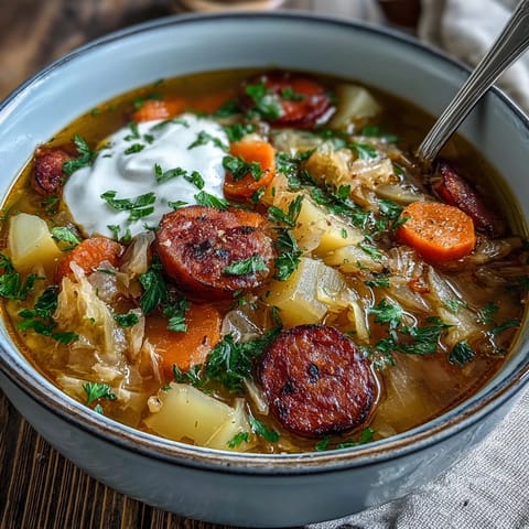 Steaming bowl of tangy Sauerkraut Soup served alongside crusty rye bread for dipping.
