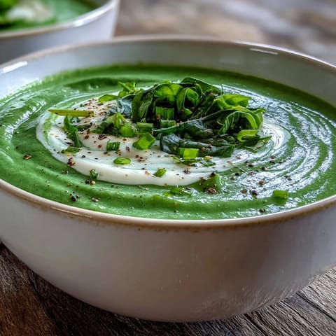 A bowl of creamy Spinach Soup garnished with a swirl of cream and freshly ground black pepper, ready to serve.