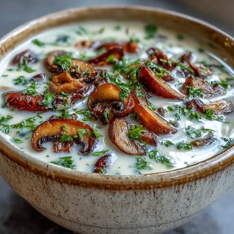 Creamy mushroom soup simmering in a pot, featuring sautéed cremini and shiitake mushrooms in a rich, savory broth.