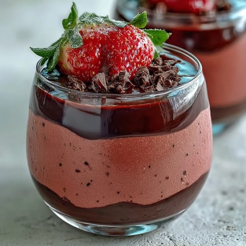 Airy Chocolate-Covered Strawberry Mousse topped with dark chocolate shavings and a mint leaf accent