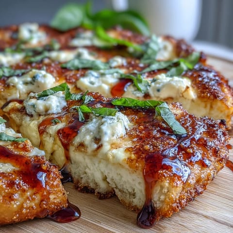 A close-up slice reveals drizzled spicy honey and fresh basil over the cheesy surface.