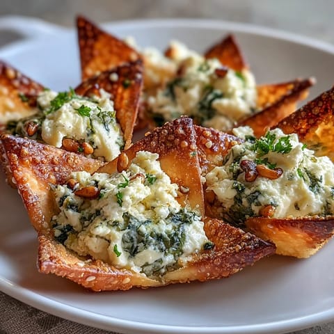 Savory Mediterranean Spinach and Feta Cheese Crisps served warm on a rustic platter for an easy party appetizer.