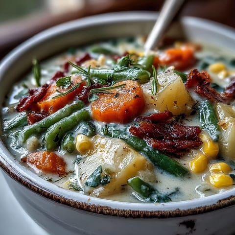 A comforting bowl of Amish Snow Day Soup features diced potatoes, corn, and carrots in a velvety thyme broth.