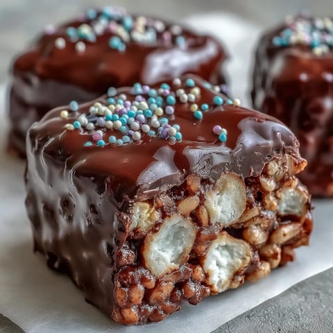 A close-up shows melted chocolate coating crunchy Rice Krispy Treats, creating a glossy, decadent dessert bar.
