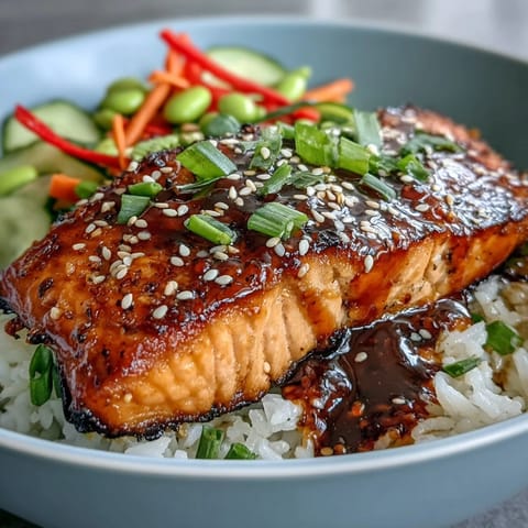 Flaky Asian-Inspired Salmon Bowl glazed in soy and ginger, served over fluffy rice with crisp veggies and sesame seeds.