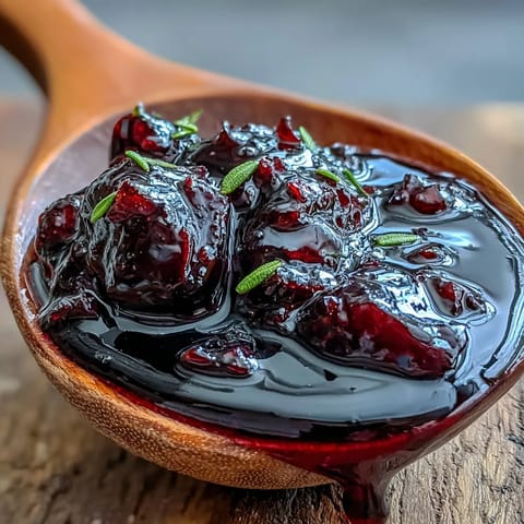 A bowl of homemade Black Currant and Rosemary Reduction, topped with a fresh herb sprig, ready to spoon over roasted meats.