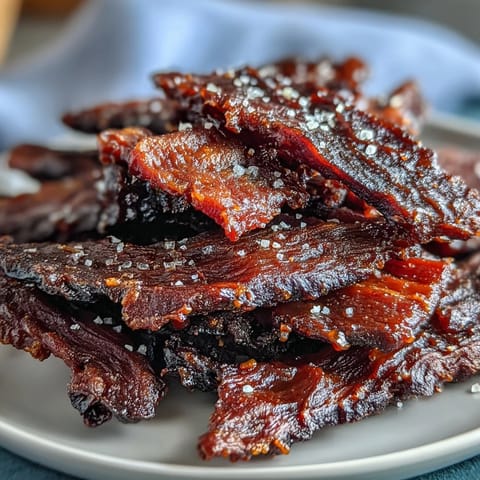 Tender slices of Black Currant Smoky Jerky glistening with sweet, savory marinade, ready to be eaten as a protein snack.