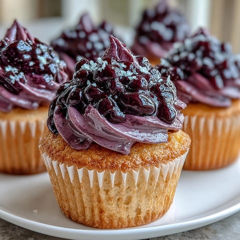 A close-up of olive oil cupcakes swirled with vibrant purple black currant frosting, garnished with fresh berries.