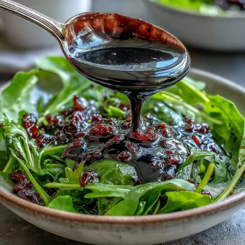 A glass jar of deep purple Black Currant Vinaigrette next to vibrant mixed greens.