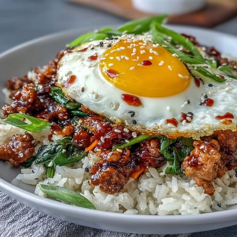 A bowl of Creamy Korean Turkey Rice Skillet served with spicy kimchi and a spoonful of vibrant sauce.