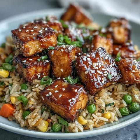 Golden-brown tofu fried rice served in a white bowl, garnished with sesame seeds and fresh scallions.