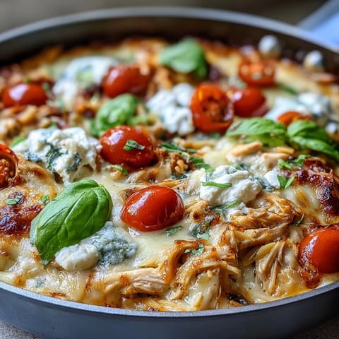 Steam rises from the skillet of One-Pan Creamy Chicken Lasagna Orzo, garnished with fresh basil and cherry tomatoes.