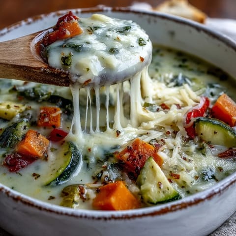 A ladle lifts a spoonful of Creamy Garlic Parmesan Veggie Soup, showing melted mozzarella and colorful diced vegetables.