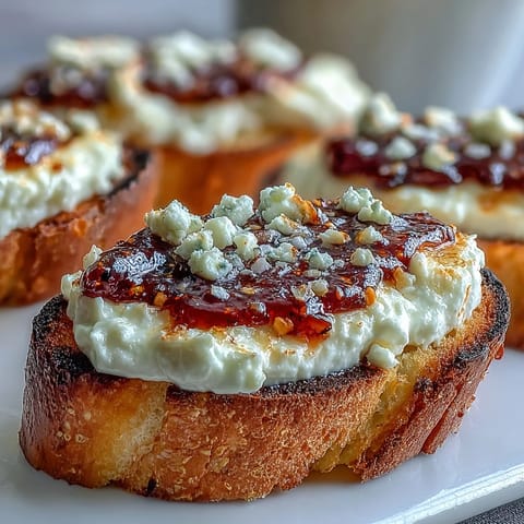 Rustic crostini appetizer featuring crisp bread, a tangy cheese spread, and a vibrant red pepper-infused honey glaze.
