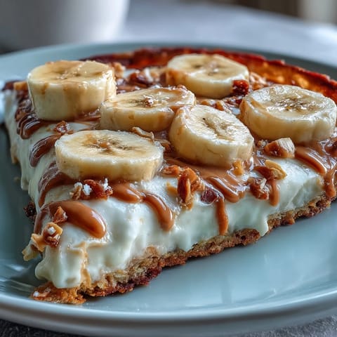 Golden-brown High-Protein Breakfast Pizza Bowl fresh from the oven, topped with creamy Greek yogurt frosting, peanut butter drizzle, and fresh banana slices.
