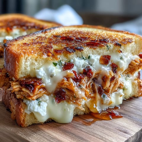 Melting hot honey drizzles over a golden, crispy Goat Cheese & Hot Honey Chicken Grilled Cheese sandwich.