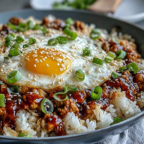 In a skillet, ground turkey simmers in gochujang sauce with rice and spinach, garnished with green onions and sesame.