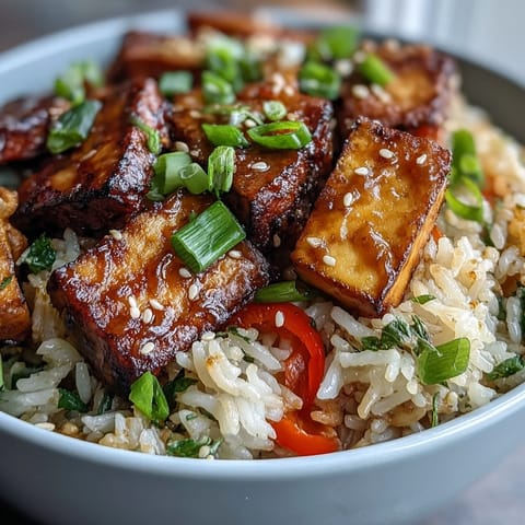 Golden cubes of crispy tofu and colorful vegetables glisten with sesame sauce in this Crispy Sesame Tofu Fried Rice.