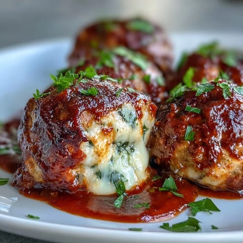 Hearty Baked Spicy Chicken Parm Meatballs served over spaghetti with fresh parsley, perfect for a cozy dinner.