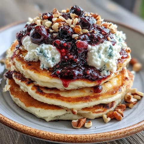 Stack of fluffy High-Protein Greek Yogurt Pancakes with Blueberry Compote, drizzled with maple syrup on a white plate.