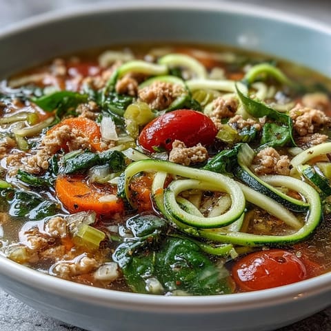 Bowl of Turkey and Veggie Zucchini Noodle Soup with bright carrots and fresh parsley garnish.