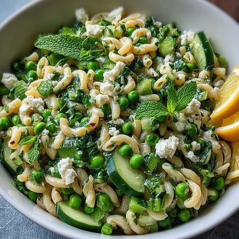 Bright Fresh Spring Pea and Mint Pasta Salad with Lemon Vinaigrette topped with crumbled feta and extra mint, ready for a light lunch.
