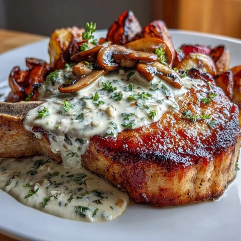 Succulent pork chops seared to perfection, smothered in rich Parmesan mushroom cream sauce, served with crispy-edged roasted radishes for a satisfying keto meal.